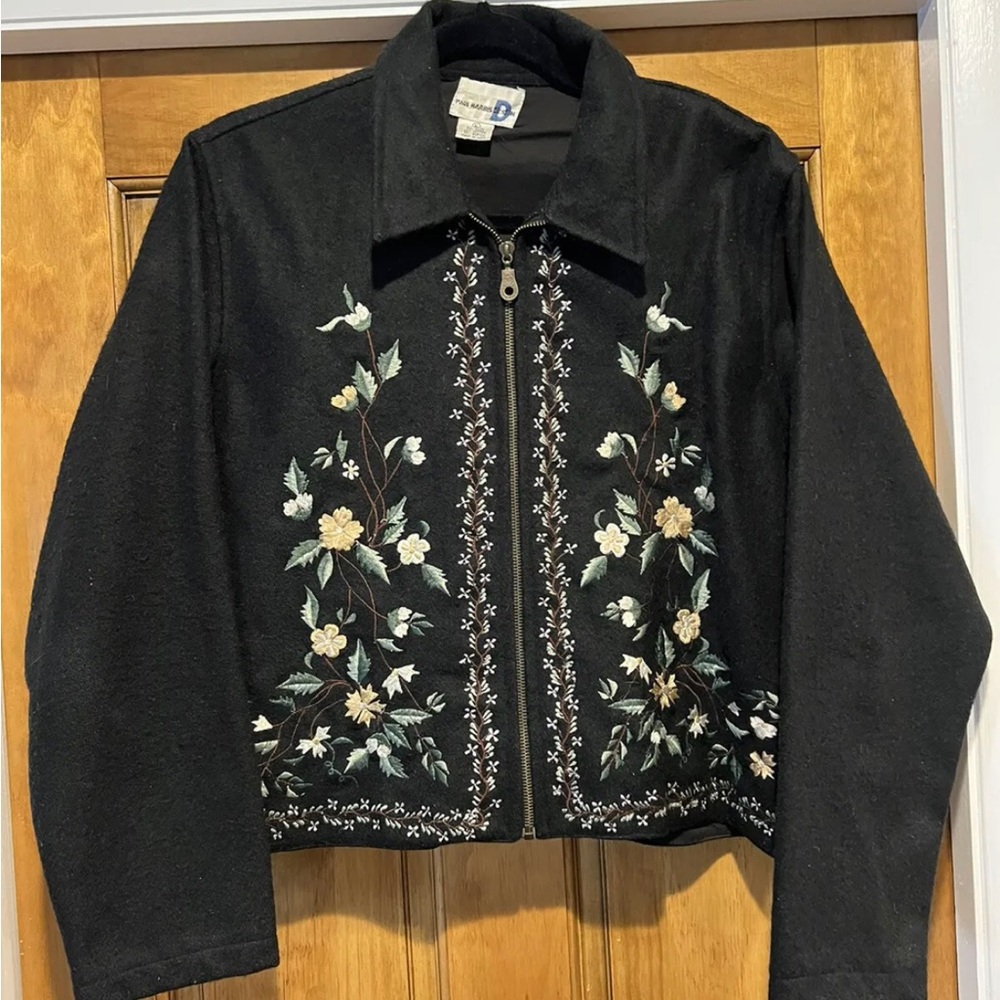 Paul Harris Design Vintage Floral Embroidered Jacket Black Large Wool.